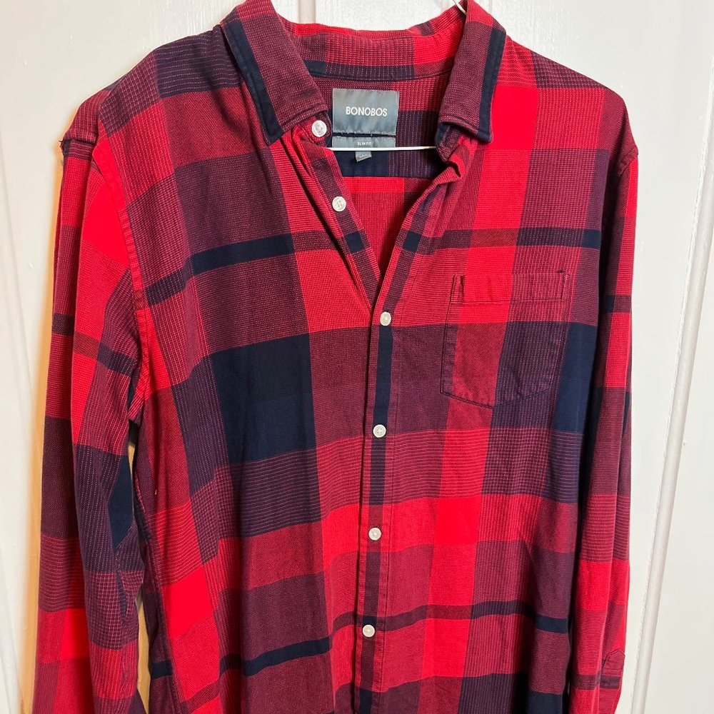 Bonobos Brushed Casual Long Sleeve Button Down Red Navy Flannel Large Long Slim